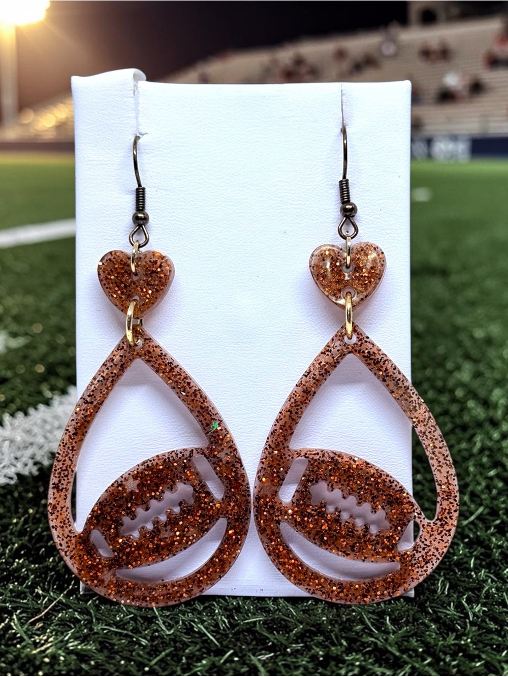 Glitter Brown Teardrop Football Heart Earrings - Unbranded